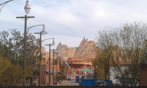 A look down a quiet Route 66 in Cars Land.